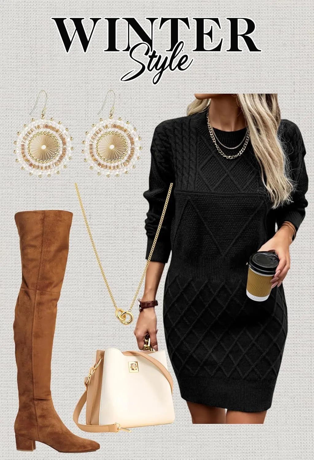 Angashion Sweater Dress for Women - 2025 Fall Winter Long Sleeve Crewneck Slim Fit Diamond Knit Casual Mini Pullover Top