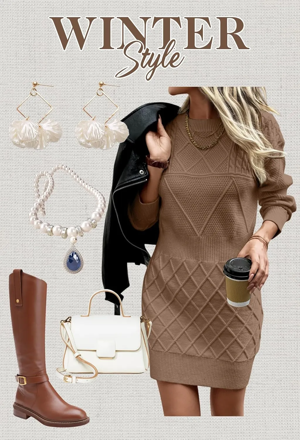 Angashion Sweater Dress for Women - 2025 Fall Winter Long Sleeve Crewneck Slim Fit Diamond Knit Casual Mini Pullover Top