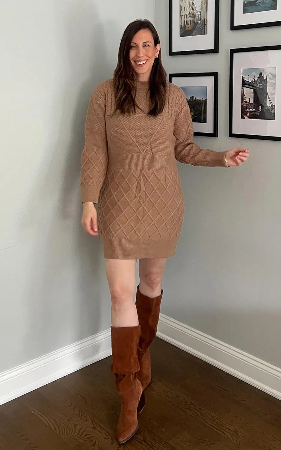 Angashion Sweater Dress for Women - 2025 Fall Winter Long Sleeve Crewneck Slim Fit Diamond Knit Casual Mini Pullover Top