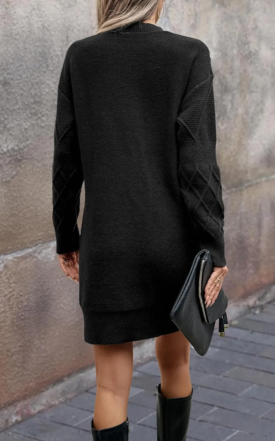 Angashion Sweater Dress for Women - 2025 Fall Winter Long Sleeve Crewneck Slim Fit Diamond Knit Casual Mini Pullover Top