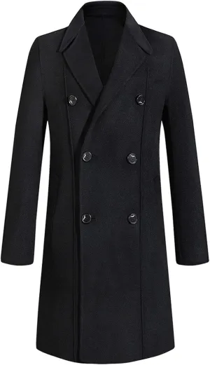 ebossy Men's Double Breasted Tailored Wool Blend Long Pea Coat Overcoat