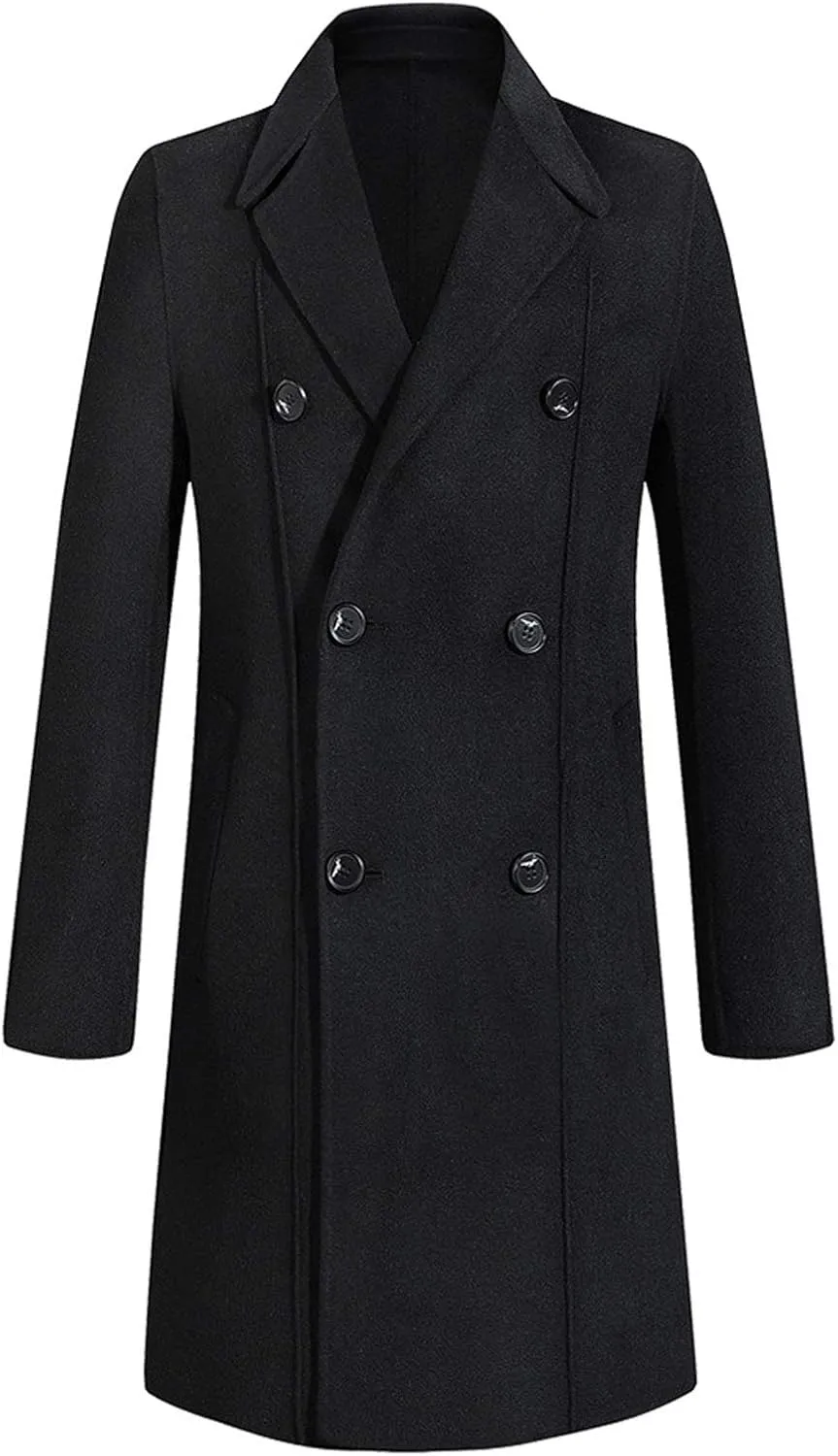 ebossy Men's Double Breasted Tailored Wool Blend Long Pea Coat Overcoat
