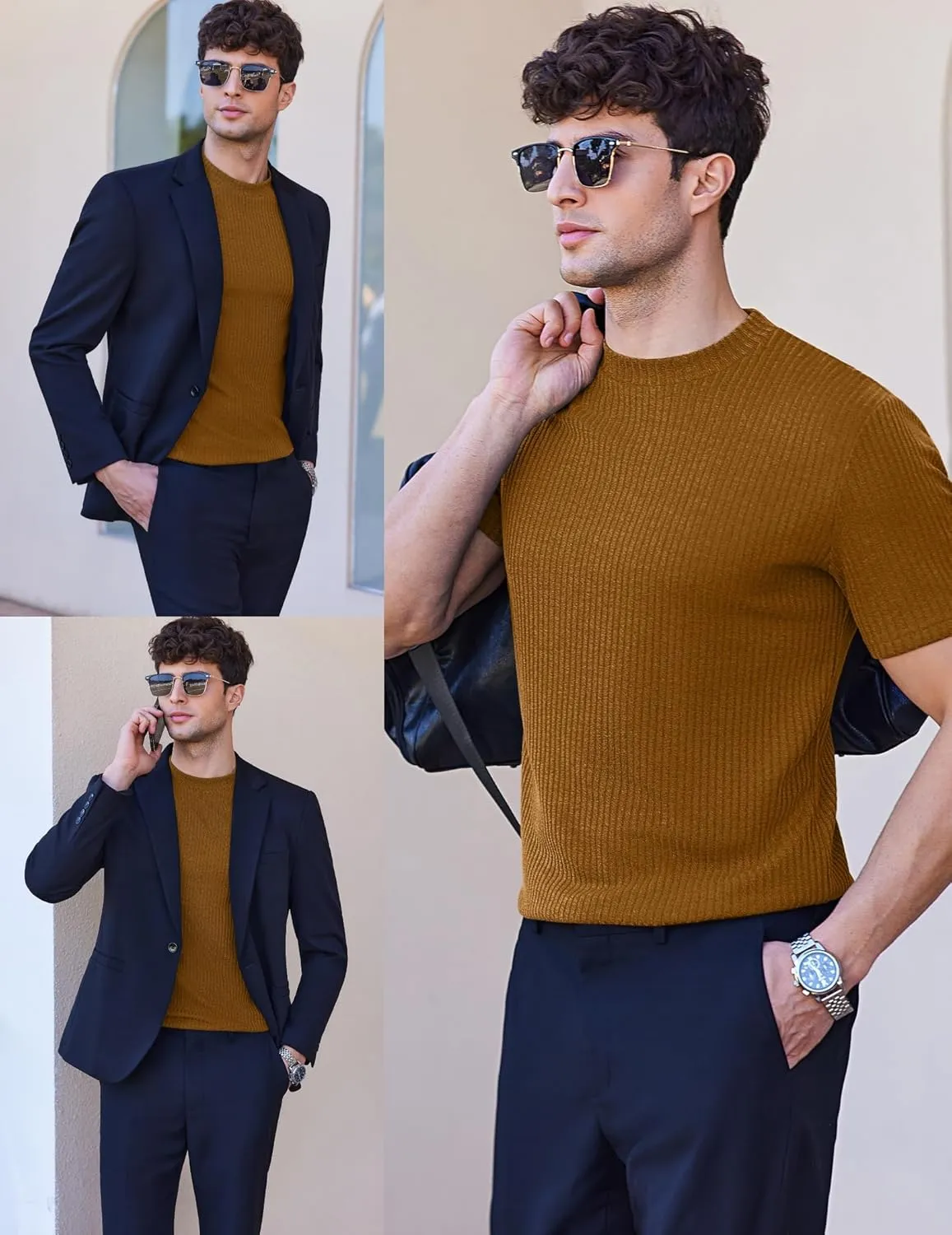 Ekouaer Mens Mock Turtleneck Short Sleeve Knit T Shirts Slim Fit Basic Thermal Tops Lightweight Tee S-XXXL