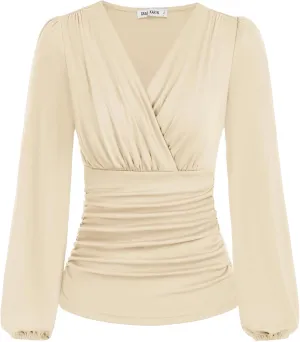GRACE KARIN 2025 Womens Tops Summer Wrap Blouse V Neck Work Shirt Long Sleeve Dressy Casual Ruched Top Trendy Fashion Outfits