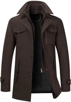INVACHI Men's Stand Collar Wool Blend Pea Coats with Removable Inner Collar Single Breasted Overcoat