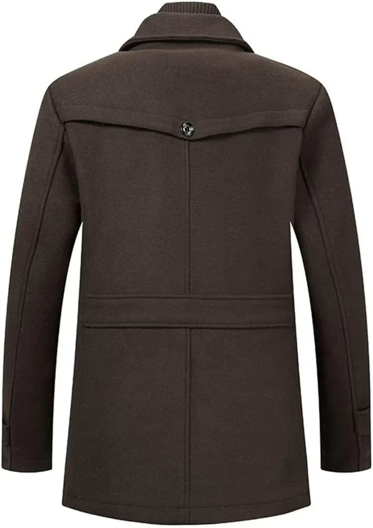 INVACHI Men's Stand Collar Wool Blend Pea Coats with Removable Inner Collar Single Breasted Overcoat