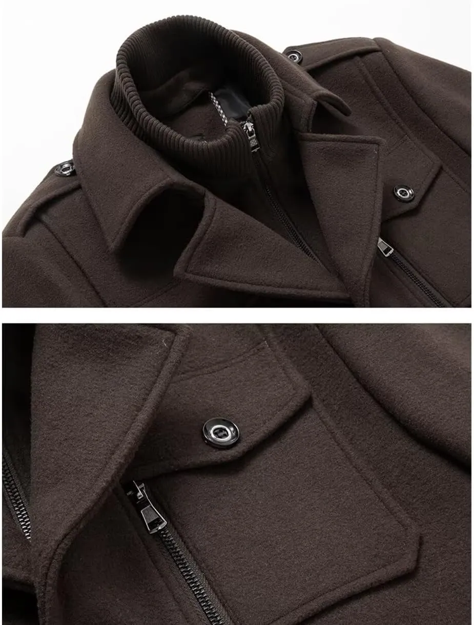 INVACHI Men's Stand Collar Wool Blend Pea Coats with Removable Inner Collar Single Breasted Overcoat