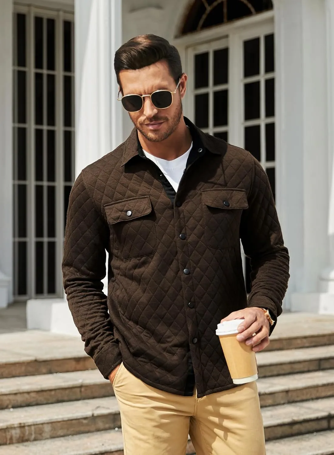 JMIERR Mens Quilted Shirt Jackets Casual Long Sleeve Snap Button Down Shirts with Pockets