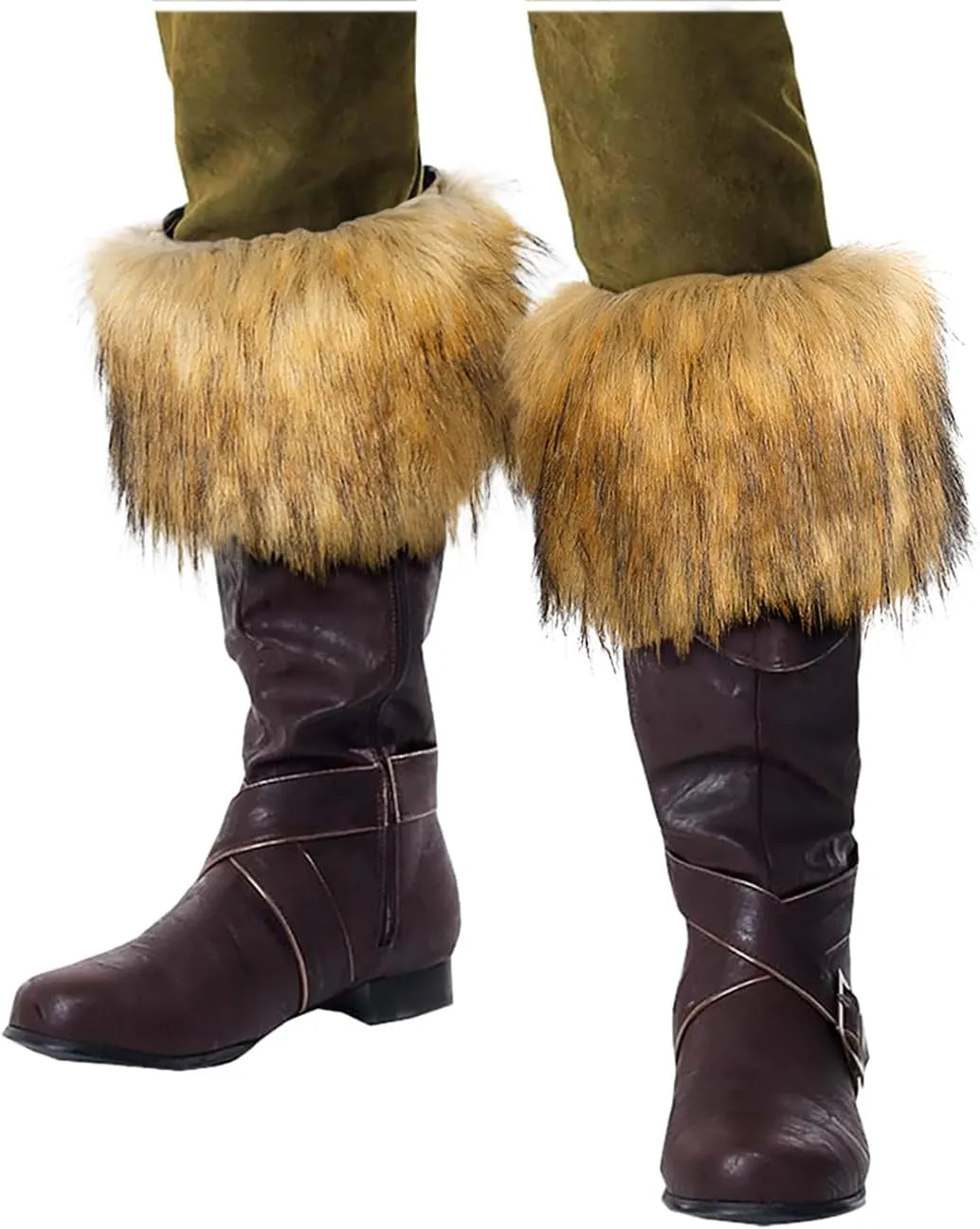 L'VOW 2pc Viking Fur Boot Cuffs Brown Fur Leg Warmers Medieval Furry Boots Covers for Women Men Halloween