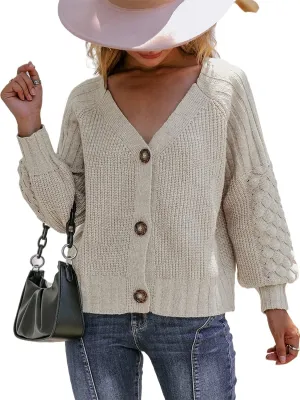 Miessial Women's Button Down Long Sleeve Cardigan Sweaters Chunky Cable Knit Crop Sweater Top
