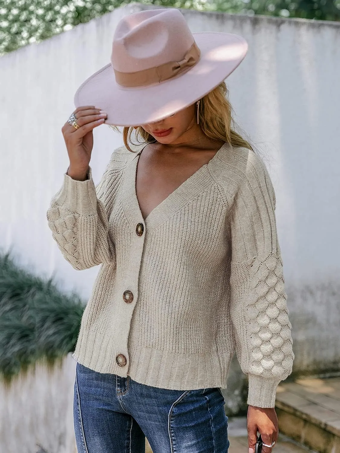 Miessial Women's Button Down Long Sleeve Cardigan Sweaters Chunky Cable Knit Crop Sweater Top