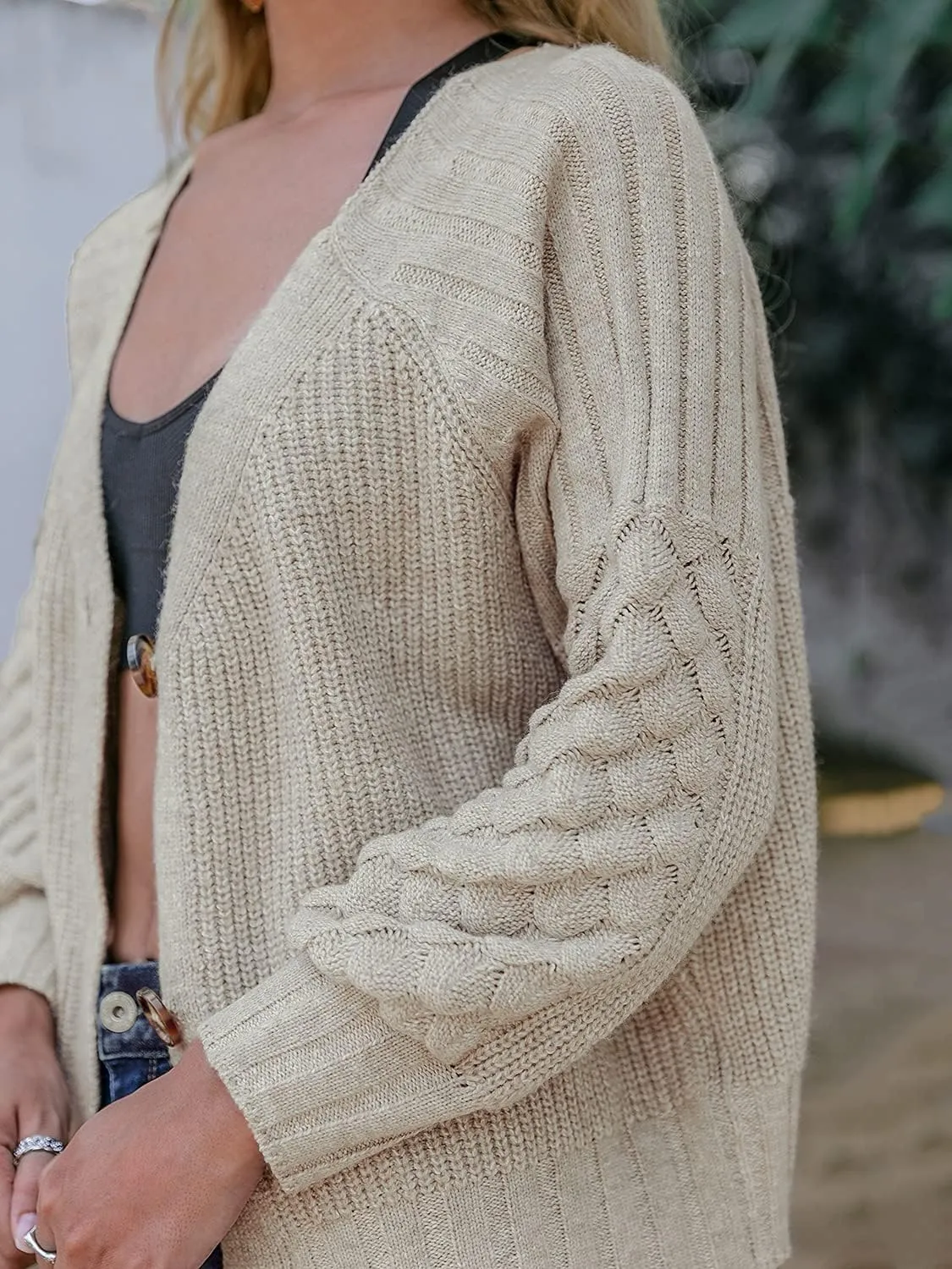 Miessial Women's Button Down Long Sleeve Cardigan Sweaters Chunky Cable Knit Crop Sweater Top