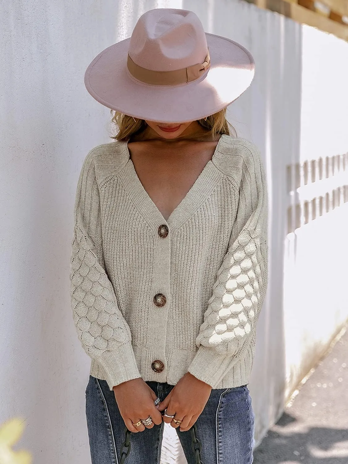 Miessial Women's Button Down Long Sleeve Cardigan Sweaters Chunky Cable Knit Crop Sweater Top