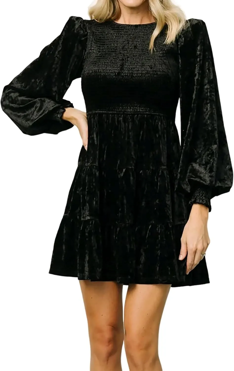 R.Vivimos Women's Fall Winter Crushed Velvet Dress Long Sleeve Crew Neck Elastic Smocked A-Line Tiered Ruffle Mini Dress