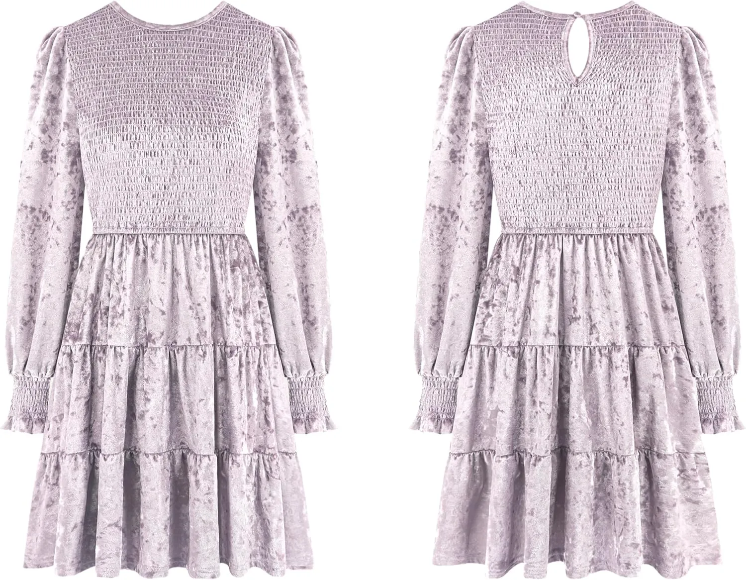R.Vivimos Women's Fall Winter Crushed Velvet Dress Long Sleeve Crew Neck Elastic Smocked A-Line Tiered Ruffle Mini Dress
