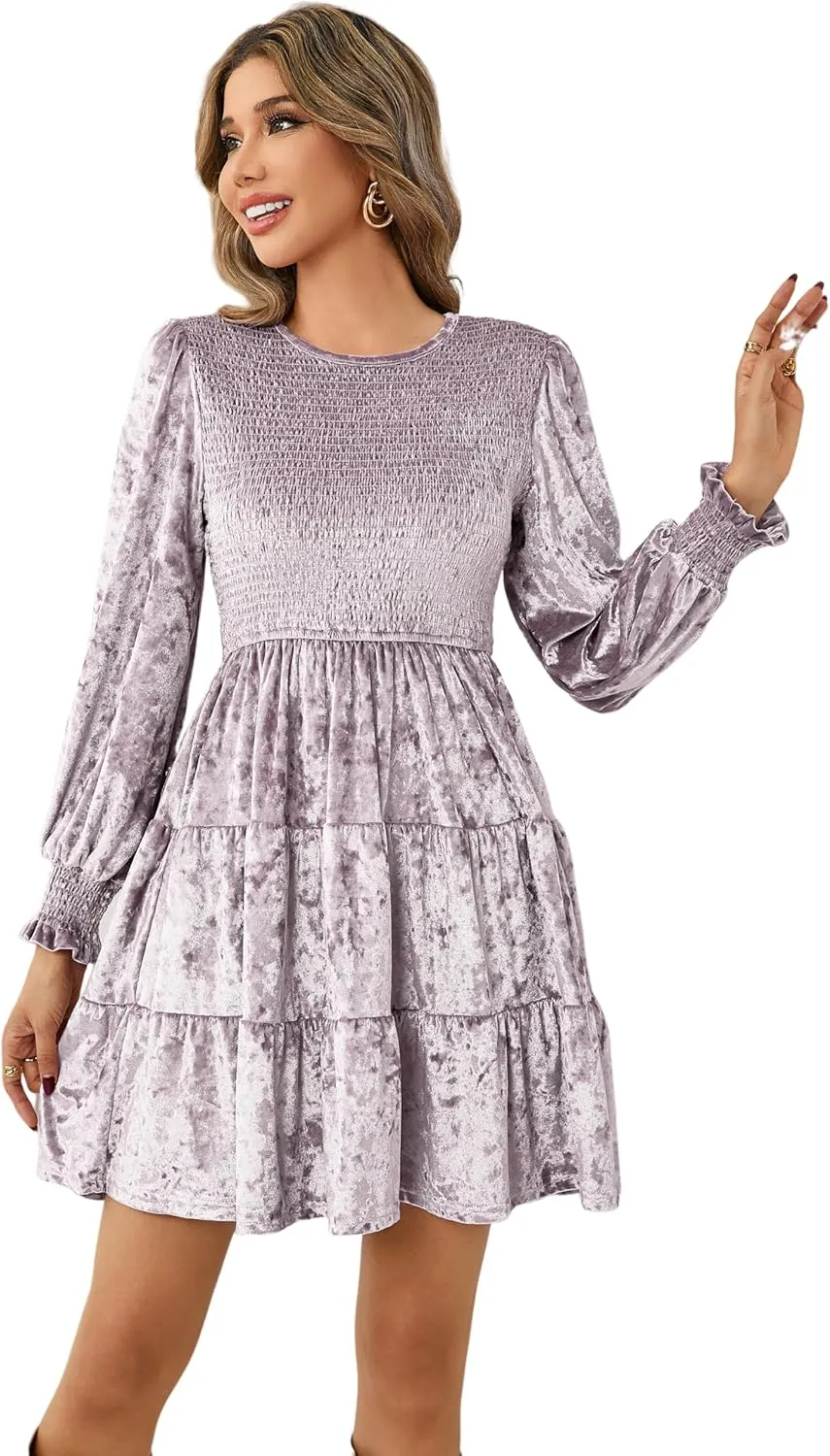 R.Vivimos Women's Fall Winter Crushed Velvet Dress Long Sleeve Crew Neck Elastic Smocked A-Line Tiered Ruffle Mini Dress