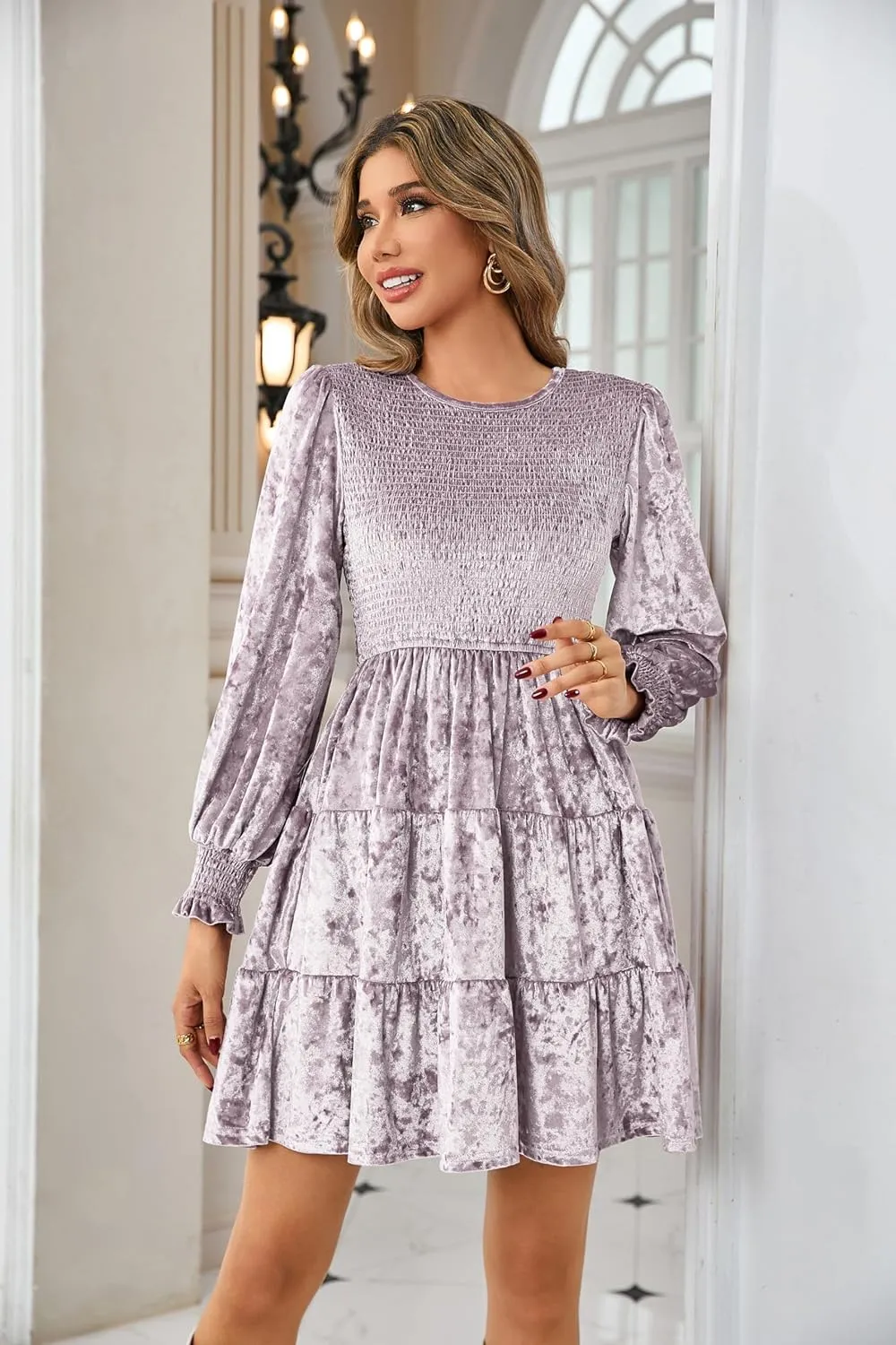 R.Vivimos Women's Fall Winter Crushed Velvet Dress Long Sleeve Crew Neck Elastic Smocked A-Line Tiered Ruffle Mini Dress