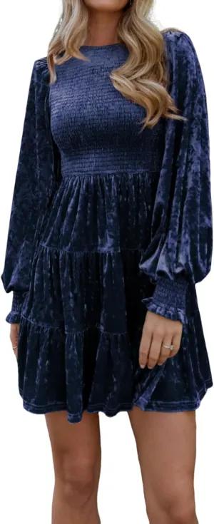 R.Vivimos Women's Fall Winter Crushed Velvet Dress Long Sleeve Crew Neck Elastic Smocked A-Line Tiered Ruffle Mini Dress
