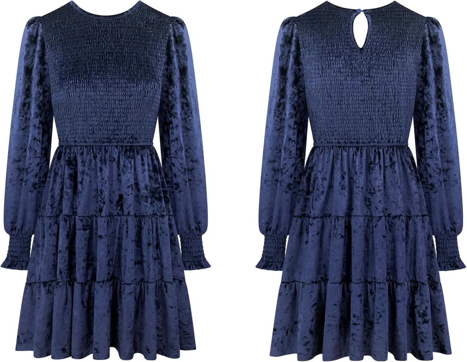 R.Vivimos Women's Fall Winter Crushed Velvet Dress Long Sleeve Crew Neck Elastic Smocked A-Line Tiered Ruffle Mini Dress