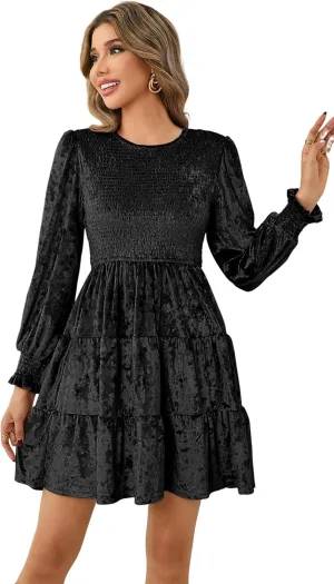 R.Vivimos Women's Fall Winter Crushed Velvet Dress Long Sleeve Crew Neck Elastic Smocked A-Line Tiered Ruffle Mini Dress