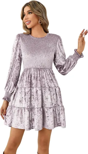 R.Vivimos Women's Fall Winter Crushed Velvet Dress Long Sleeve Crew Neck Elastic Smocked A-Line Tiered Ruffle Mini Dress