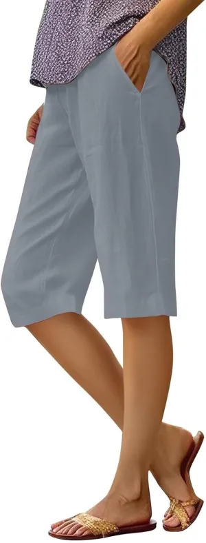 Summer Bermuda Shorts for Women Knee Length 2025 Trendy Linen Shorts Lightweight Casual Beach Short Pants