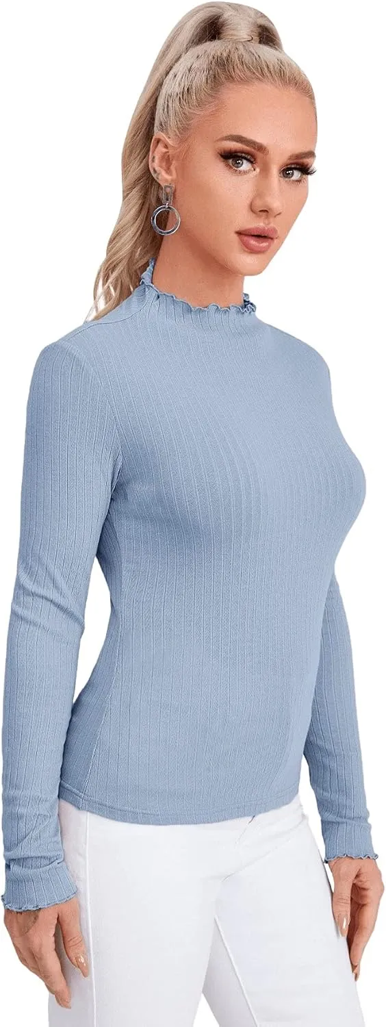 SweatyRocks Women's Casual High Neck Long Sleeve Ribbed Tee Slim Fit Stretch Striped Knit T Shirts