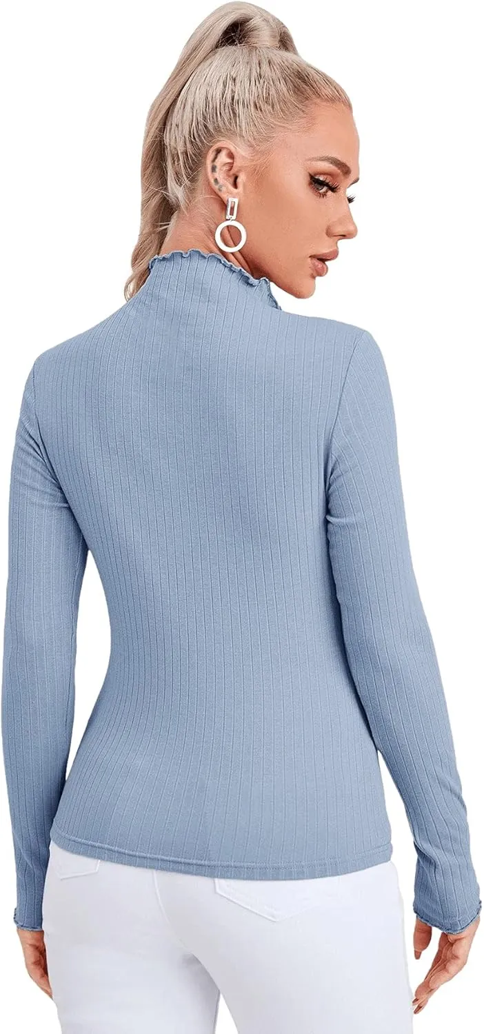 SweatyRocks Women's Casual High Neck Long Sleeve Ribbed Tee Slim Fit Stretch Striped Knit T Shirts