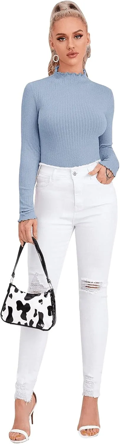 SweatyRocks Women's Casual High Neck Long Sleeve Ribbed Tee Slim Fit Stretch Striped Knit T Shirts