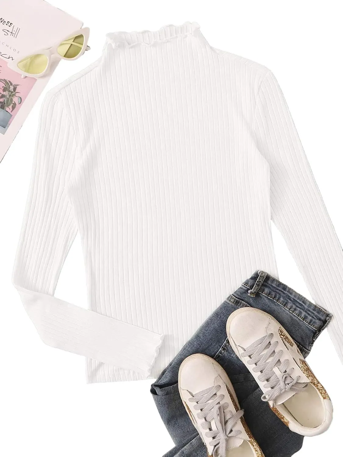 SweatyRocks Women's Casual High Neck Long Sleeve Ribbed Tee Slim Fit Stretch Striped Knit T Shirts