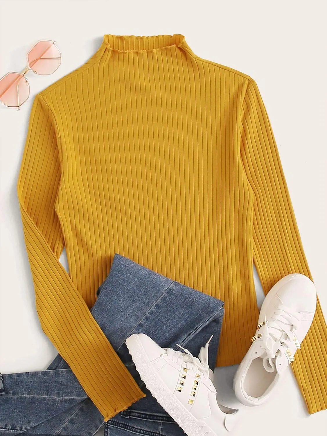 SweatyRocks Women's Casual High Neck Long Sleeve Ribbed Tee Slim Fit Stretch Striped Knit T Shirts