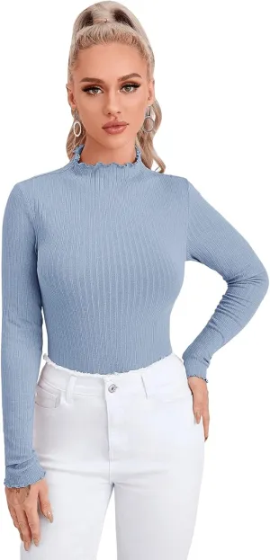 SweatyRocks Women's Casual High Neck Long Sleeve Ribbed Tee Slim Fit Stretch Striped Knit T Shirts