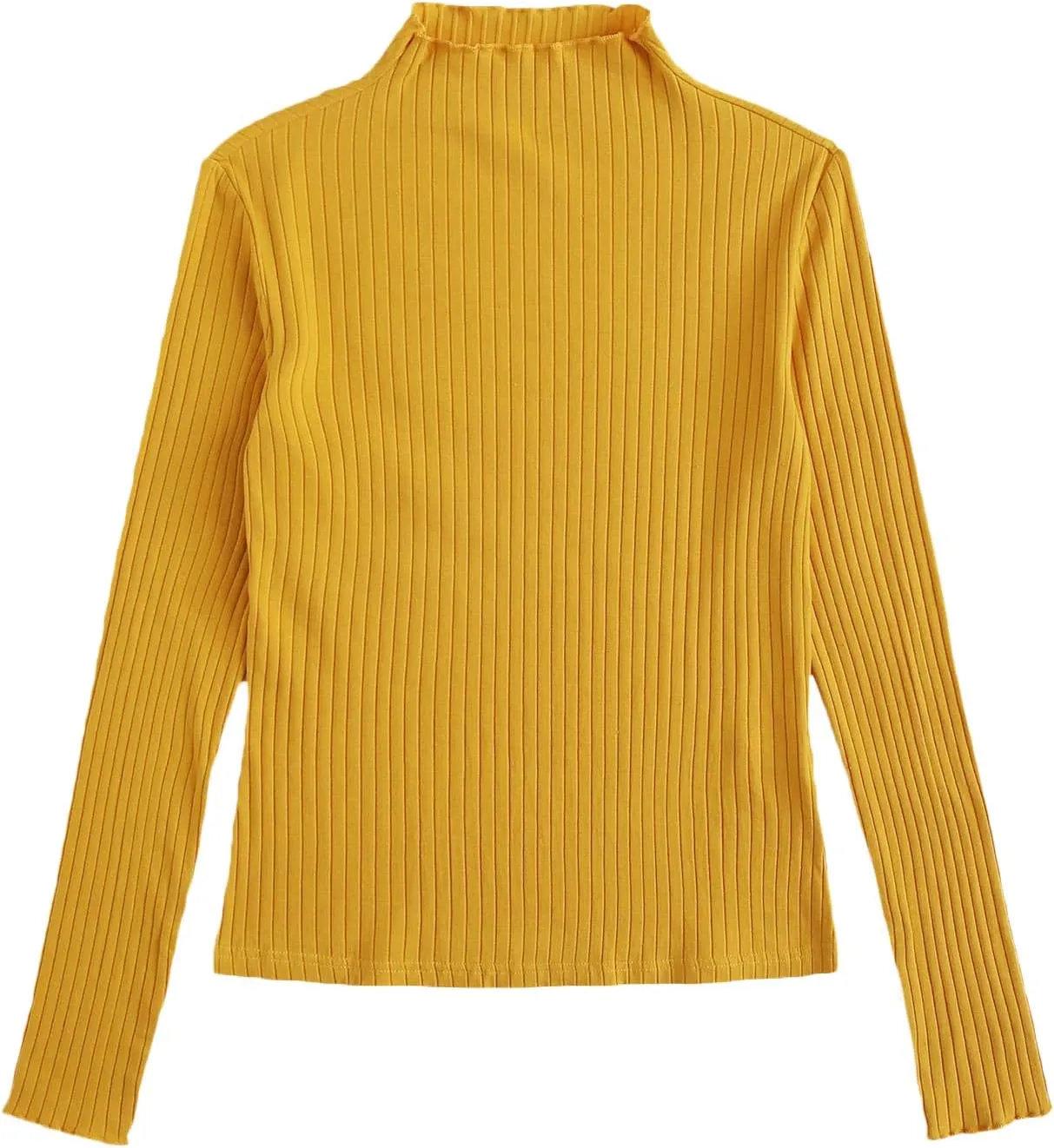 SweatyRocks Women's Casual High Neck Long Sleeve Ribbed Tee Slim Fit Stretch Striped Knit T Shirts
