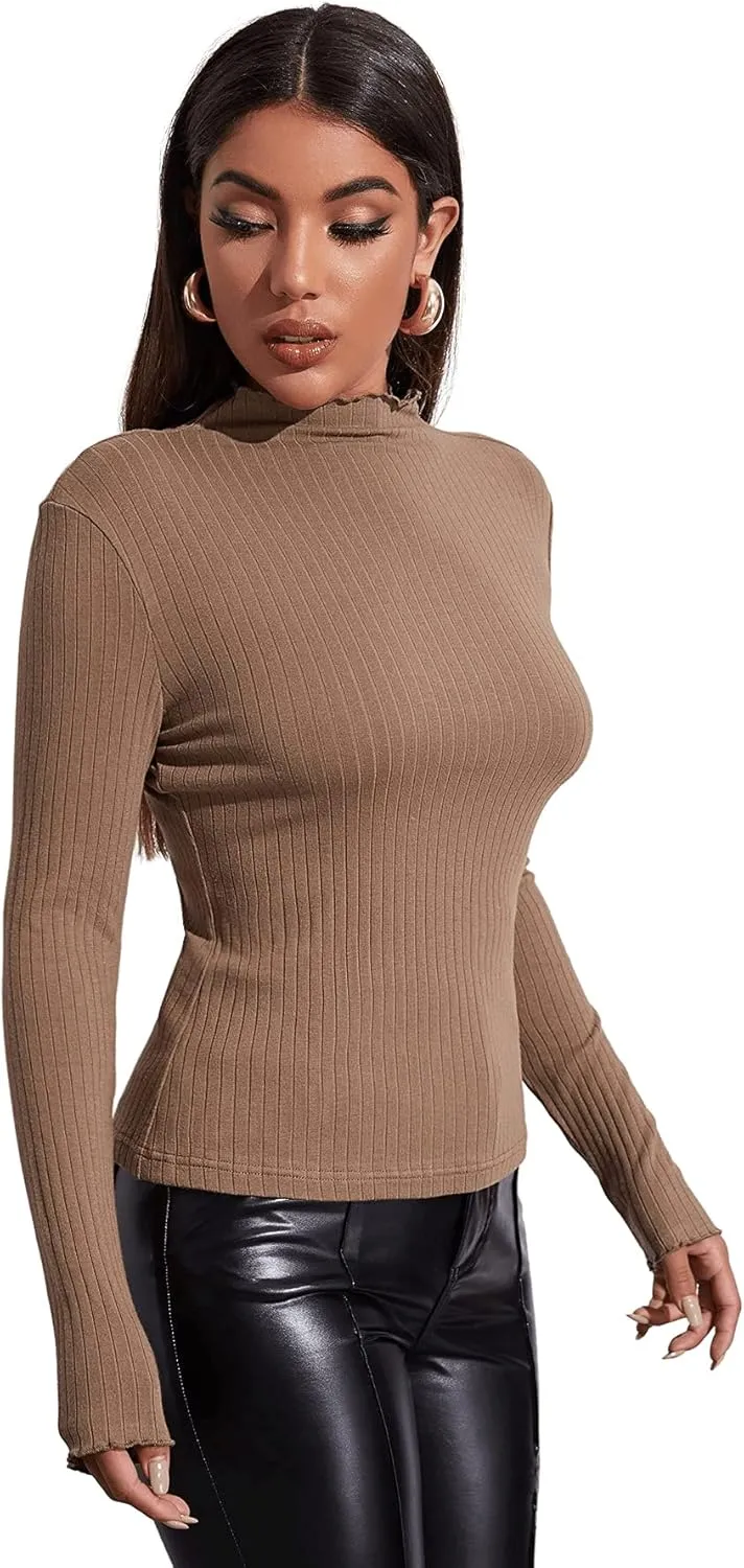 SweatyRocks Women's Casual High Neck Long Sleeve Ribbed Tee Slim Fit Stretch Striped Knit T Shirts