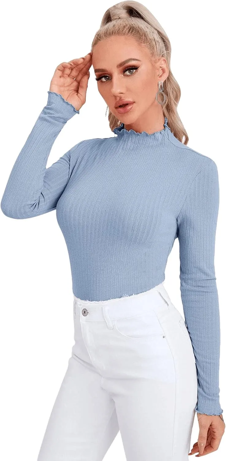 SweatyRocks Women's Casual High Neck Long Sleeve Ribbed Tee Slim Fit Stretch Striped Knit T Shirts