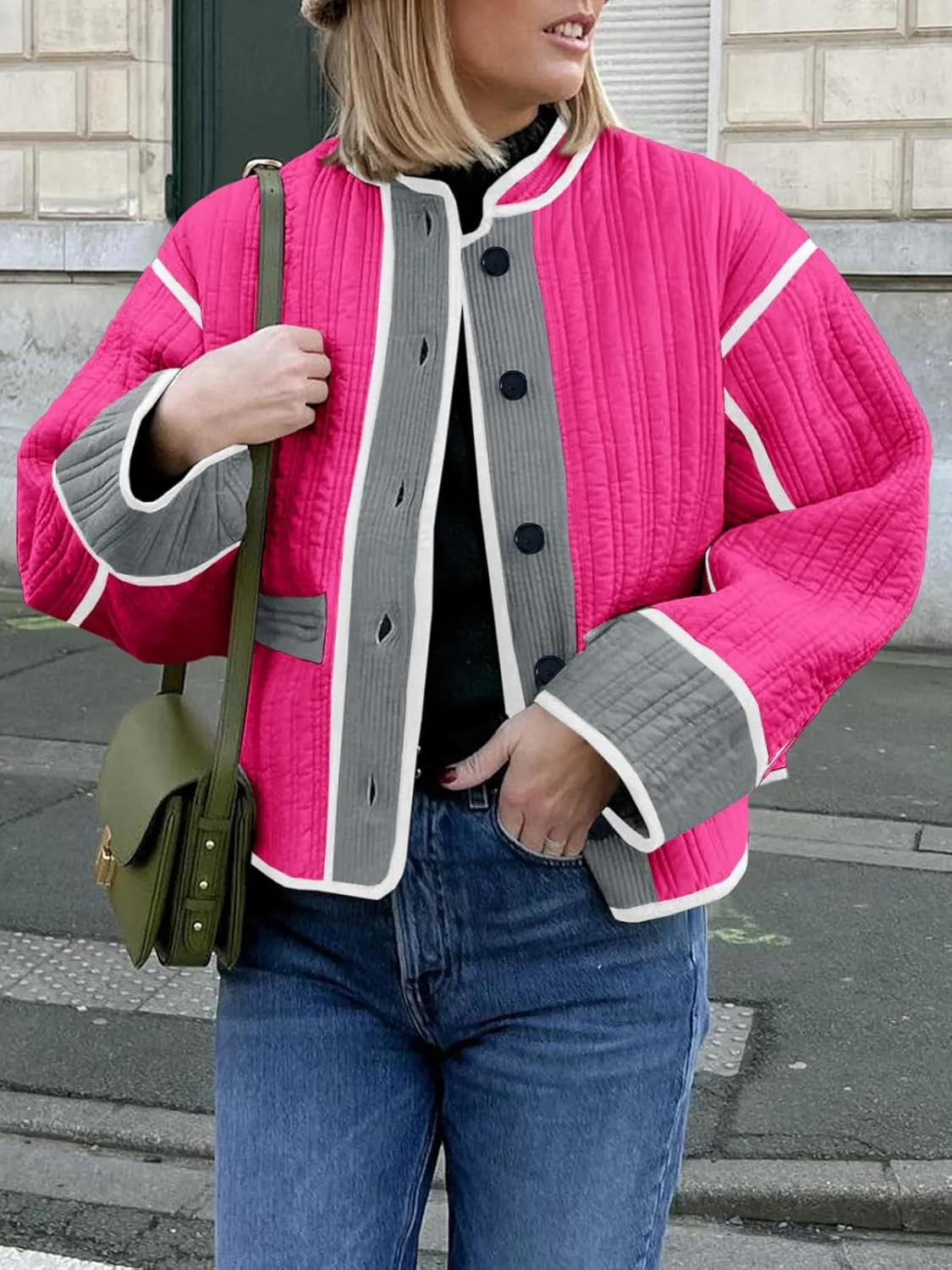 Tankaneo Womens Cropped Quilted Jacket Color Block Lightweight Button Down Coats Fall Casual Puffer Outerwear