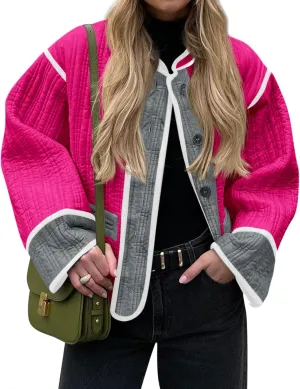 Tankaneo Womens Cropped Quilted Jacket Color Block Lightweight Button Down Coats Fall Casual Puffer Outerwear