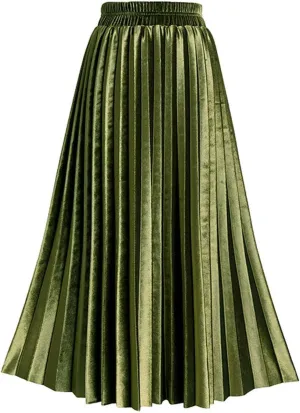 TONCHENGSD Women's High Elastic Waist Velvet Midi Long Pleated Swing Ruffled Skirt