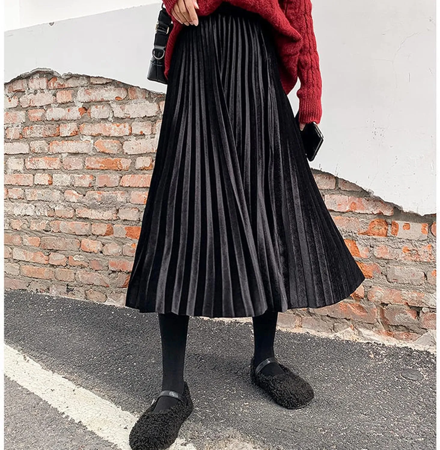 TONCHENGSD Women's High Elastic Waist Velvet Midi Long Pleated Swing Ruffled Skirt