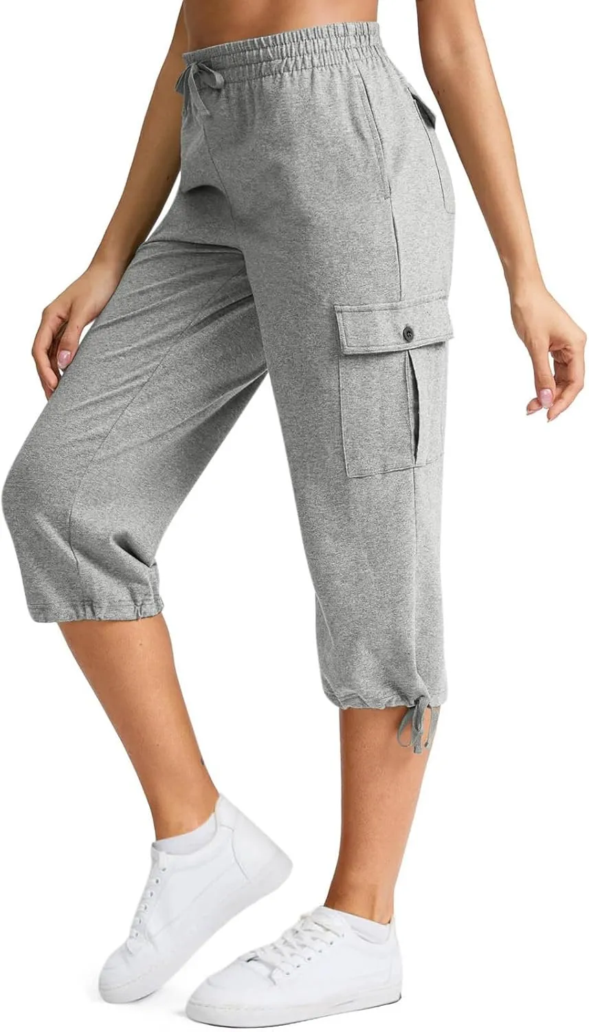 Women Cargo Capris Summer Plus Size Cotton Capris Casual Capri Pants with Pockets Drawstring Capri Sweatpants