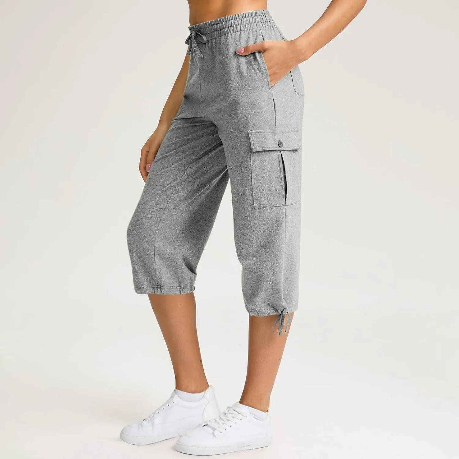 Women Cargo Capris Summer Plus Size Cotton Capris Casual Capri Pants with Pockets Drawstring Capri Sweatpants