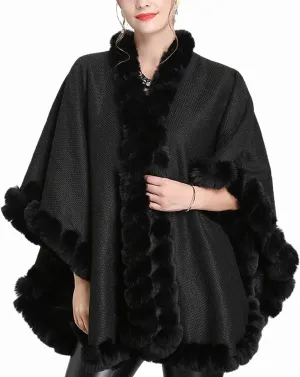 Women's Faux Rabbit Fur Cape Wrap Wool Coat Cardigan Poncho Warm