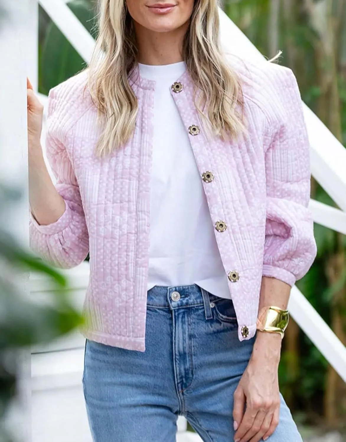 Women's Floral Printed Quilted Jacket Long Sleeve Button Down Lightweight Padded Jacket Fall Winter Casual Outerwear