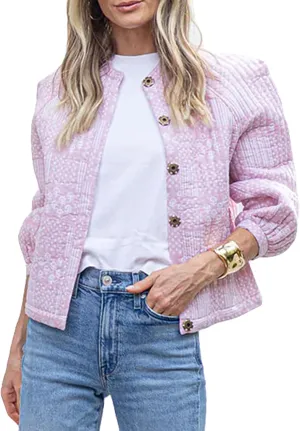 Women's Floral Printed Quilted Jacket Long Sleeve Button Down Lightweight Padded Jacket Fall Winter Casual Outerwear