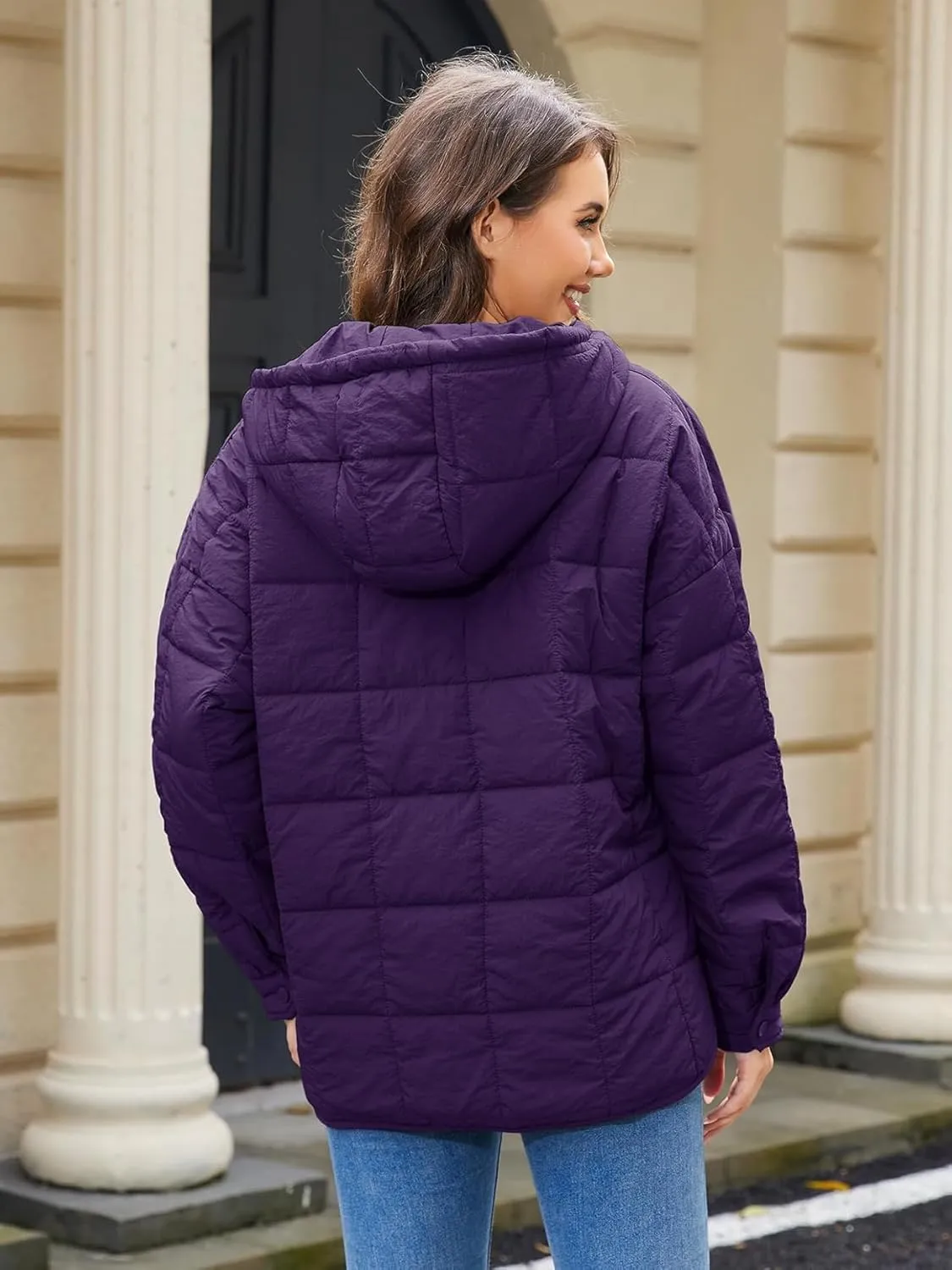 Womens's Lightweight Down Coat Long Sleeve Button Quilted Pullover Puffer Jacket Packable Hooded Winter Coat