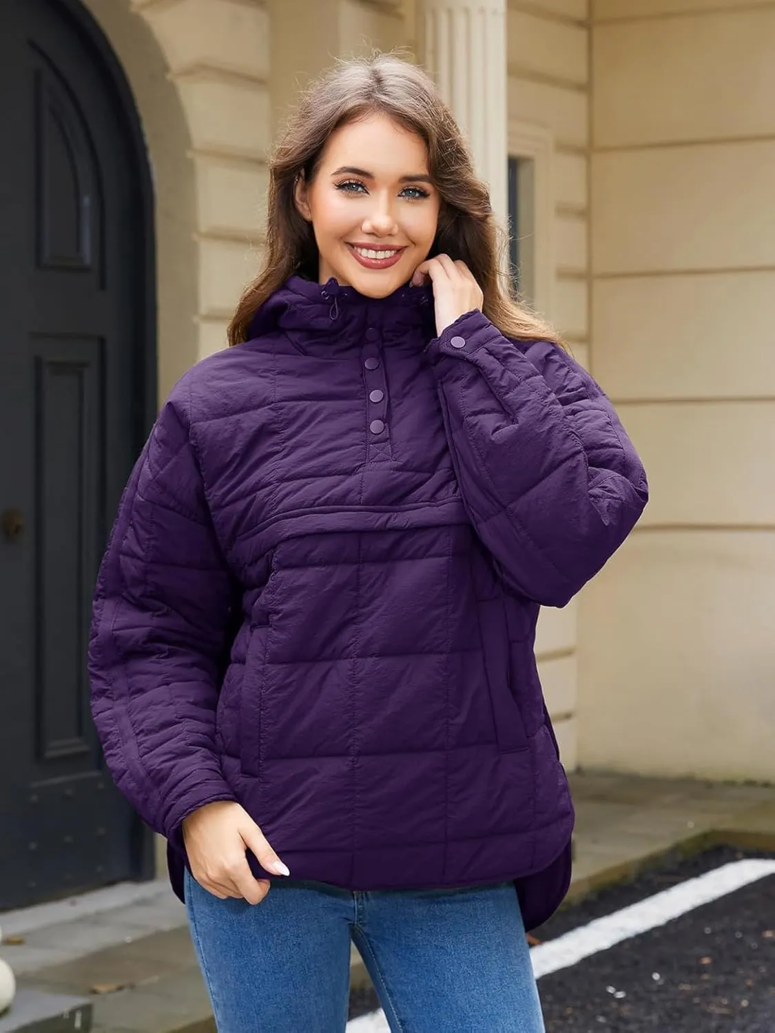Womens's Lightweight Down Coat Long Sleeve Button Quilted Pullover Puffer Jacket Packable Hooded Winter Coat