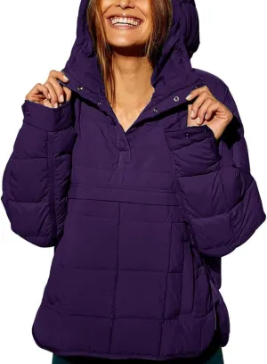 Womens's Lightweight Down Coat Long Sleeve Button Quilted Pullover Puffer Jacket Packable Hooded Winter Coat