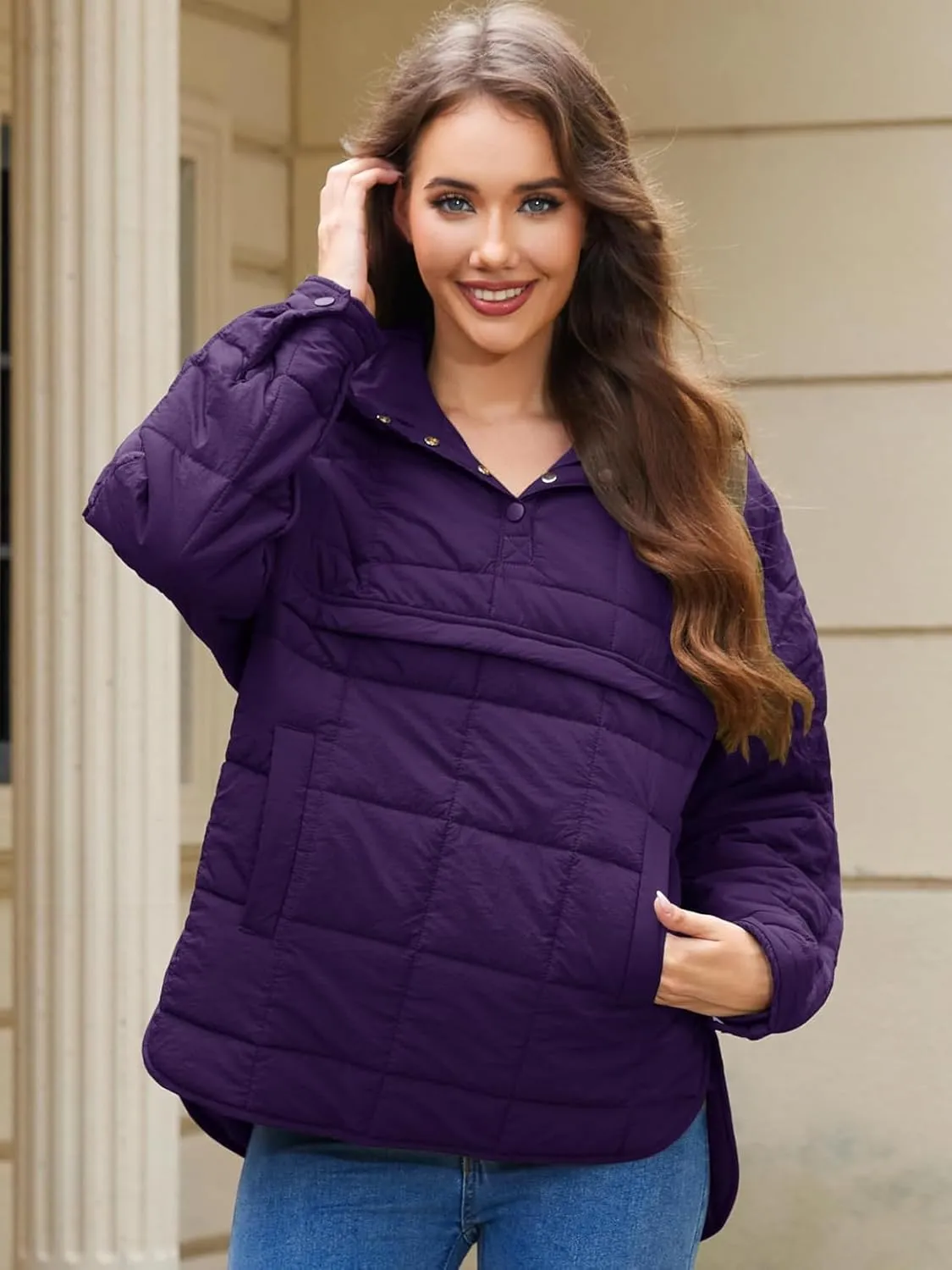 Womens's Lightweight Down Coat Long Sleeve Button Quilted Pullover Puffer Jacket Packable Hooded Winter Coat