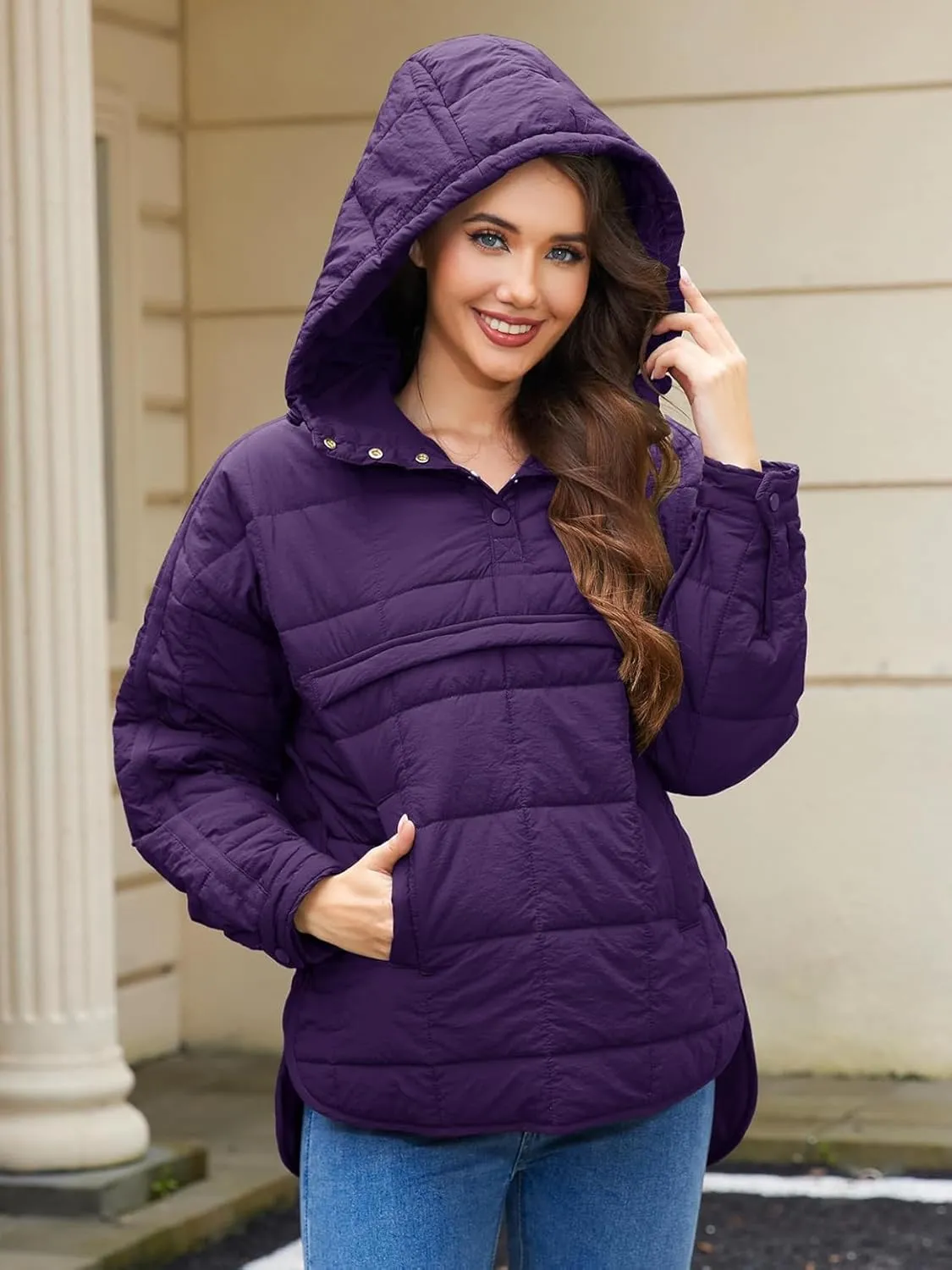 Womens's Lightweight Down Coat Long Sleeve Button Quilted Pullover Puffer Jacket Packable Hooded Winter Coat